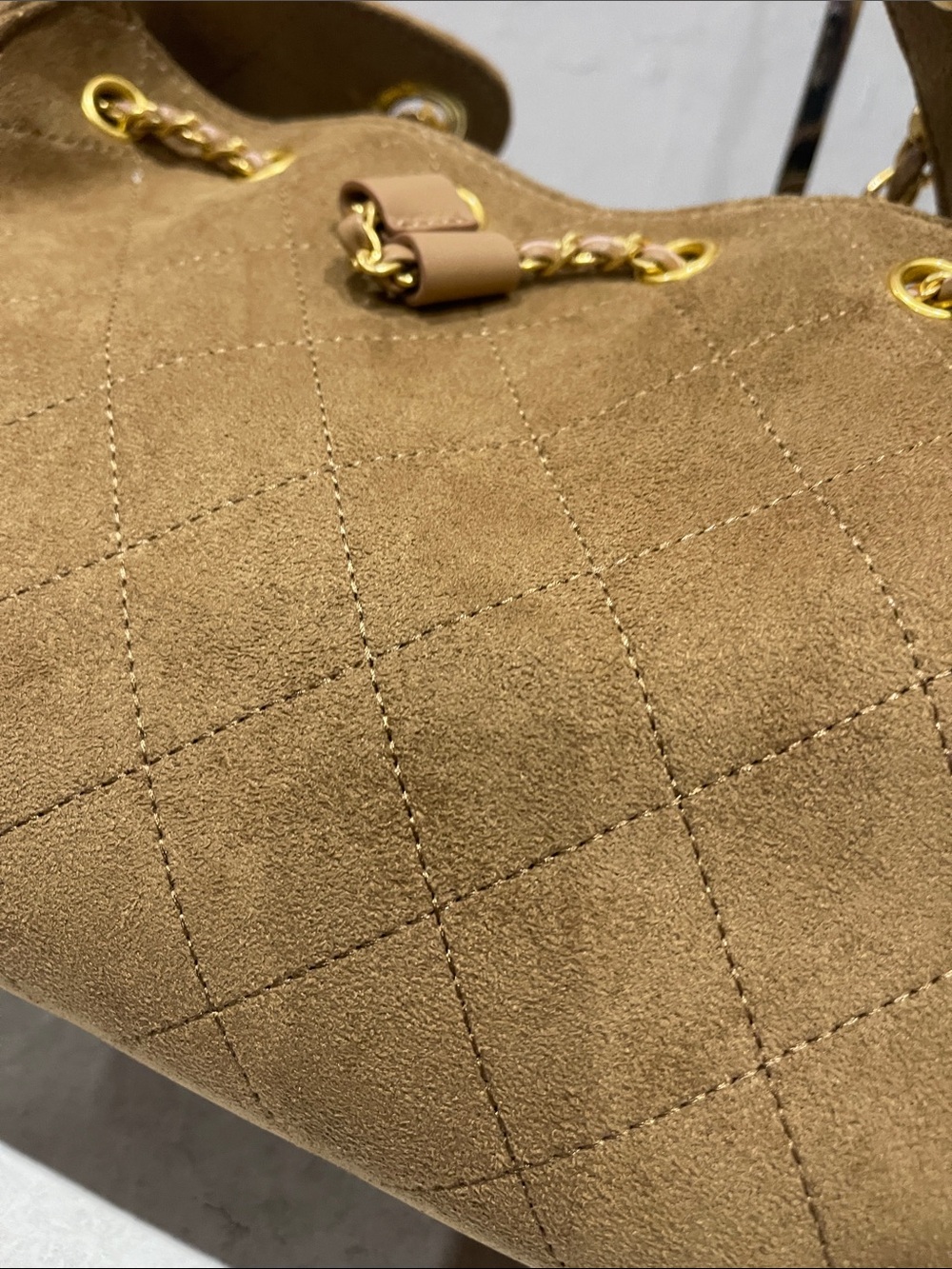 Quilted Drawstring Shoulder Bag in Camel - Picture 4 of 7